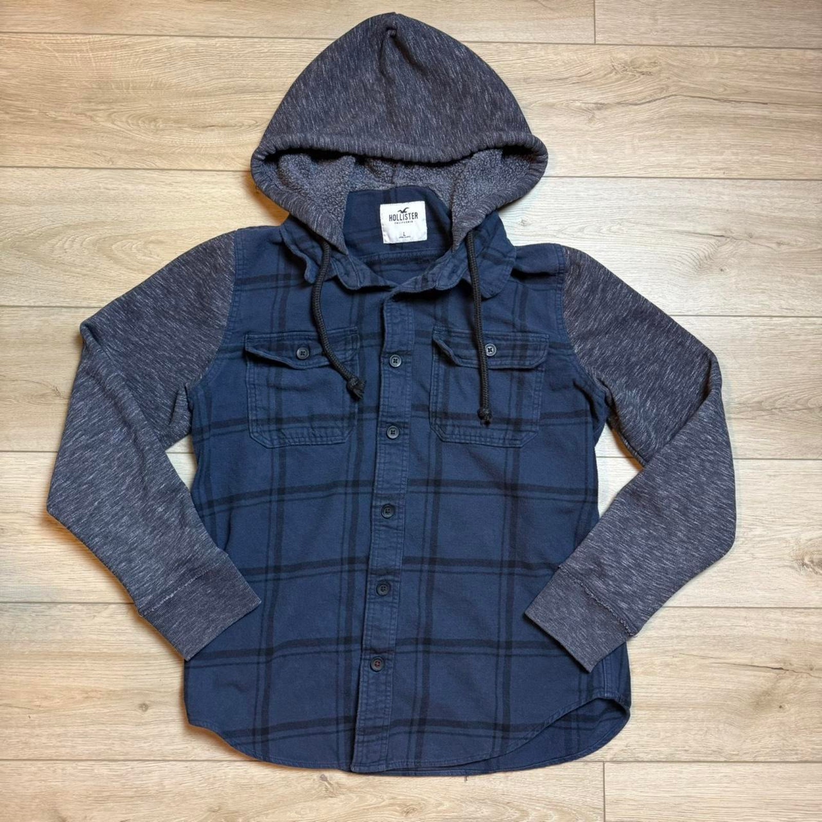 Y2k Hollister Blue Plaid Button Up Hooded Flannel Size Large